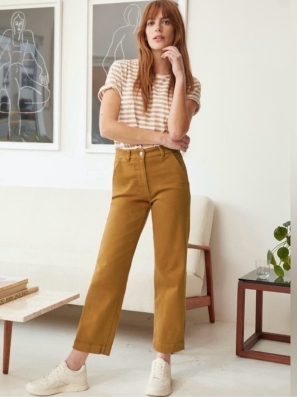 Everlane Straight Leg Crop Pants Sz 12 Regular Ochre Brown High Rise Minimalist